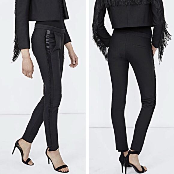 Maje Pauline SatinTuxedo Stripe Fringe Trim Black Low Rise Pants 40 L 10/12 - Picture 1 of 10